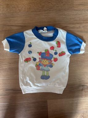 RARE. Vintage Kids Short Sleeve Strawberry Graphic Tee - Blue & White
